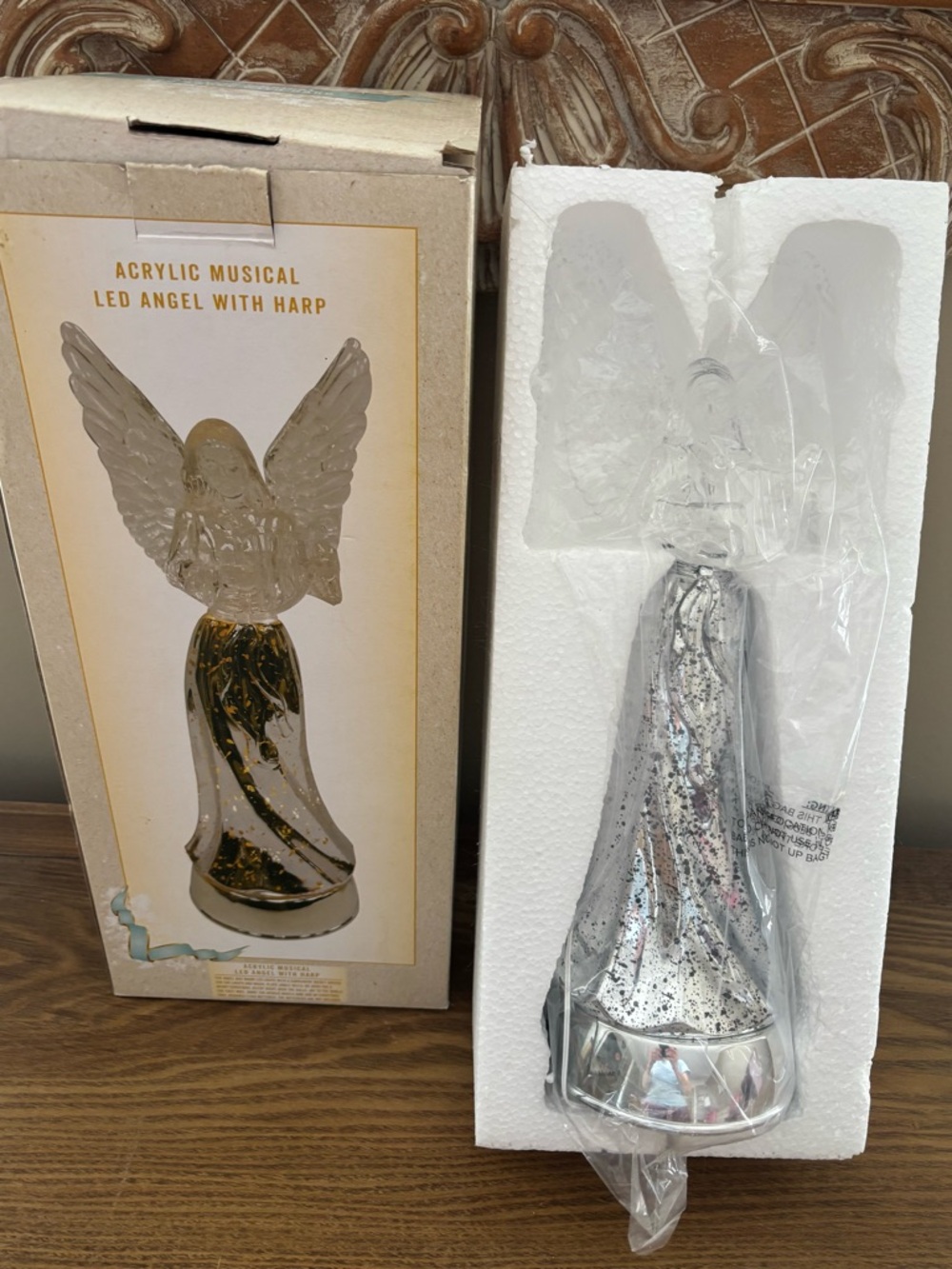 NOS Cracker Barrel Angel 12.5” W/Harp Acrylic Musical LED Vintage
